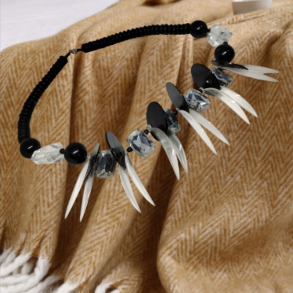 🌲10/$20.  Black Beaded Necklace with Clear Rhinestones and Transparent Claws